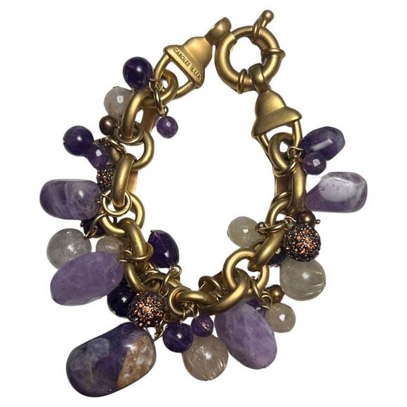 Carolee Lux Chunky Dangle Amethyst Brushed Gold Tone Bracelet - Picture 1 of 9